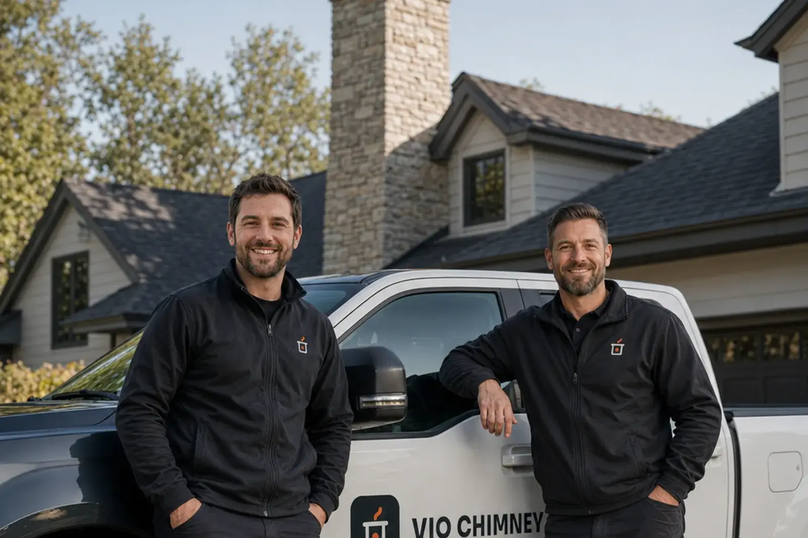 Ethan Miller and Ryan Carter — VIO CHIMNEY Ethan Miller and Ryan Carter of VIO CHIMNEY beside a branded service truck
