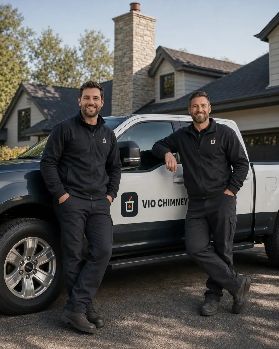 Ethan Miller and Ryan Carter of VIO CHIMNEY beside a branded service truck